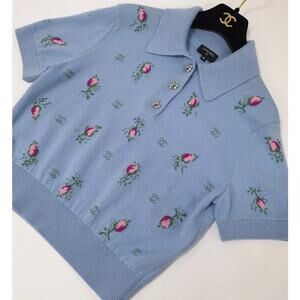 CHANEL Light Blue Floral Cashmere Knit Polo Top Sz. 38